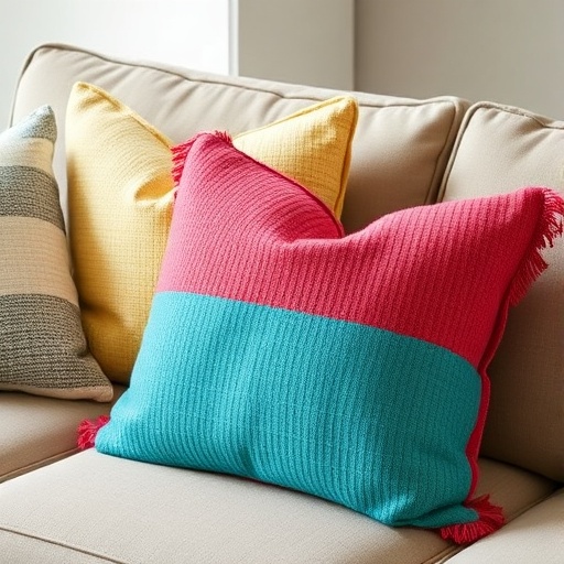 Colorful DIY throw pillows on a sofa