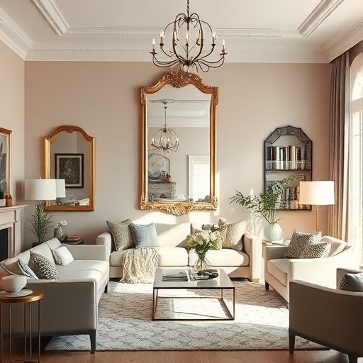 living room with mirrors reflecting light