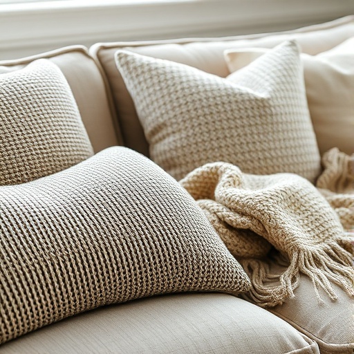 textured cushions and throws on a sofa