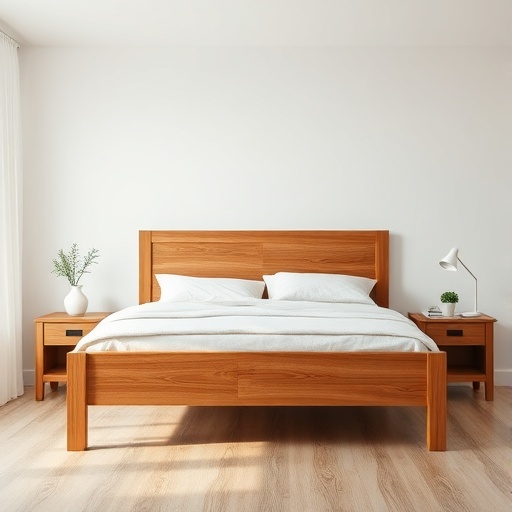 wooden bed frame in bedroom