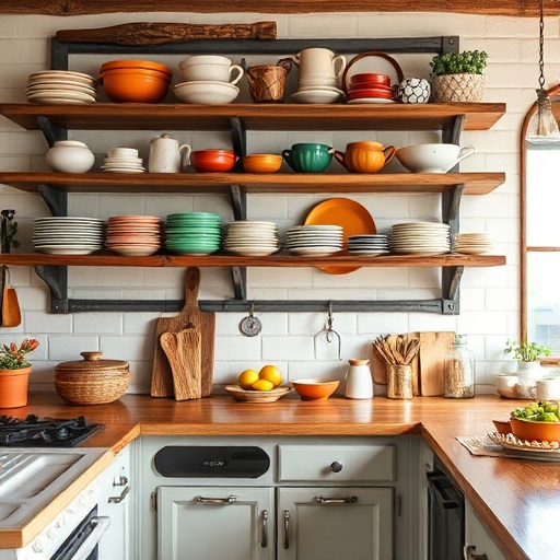 rustic kitchen with colorful dishware