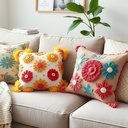 sofa with colorful throw pillows