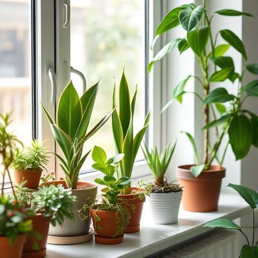 variety of indoor plants on a windowsill