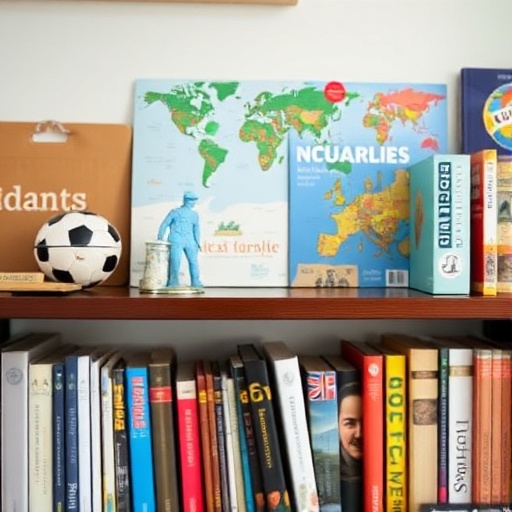 shelf with travel souvenirs and books