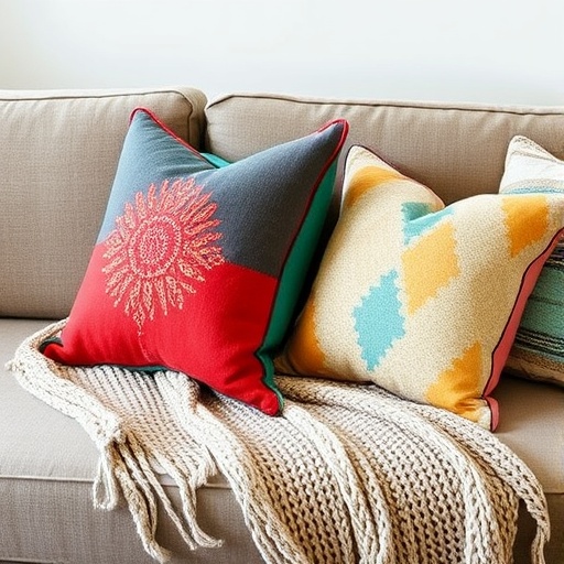 sofa with colorful pillows and blanket