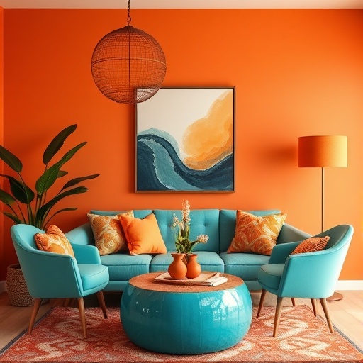 vibrant room with turquoise and orange decor