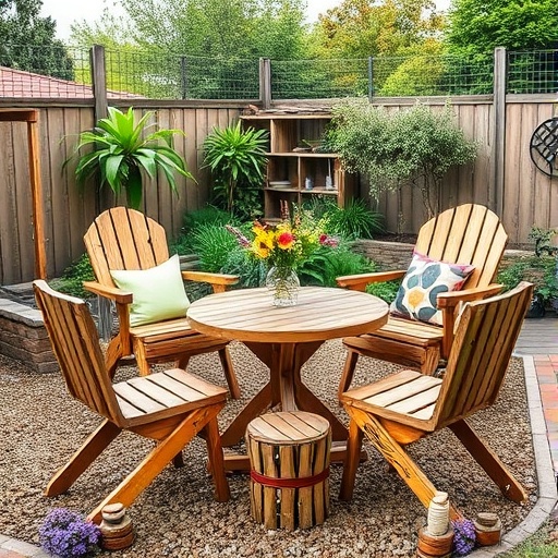 Upcycled outdoor furniture in a garden