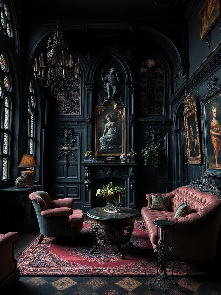 Gothic interior with dark colors and ornate furniture