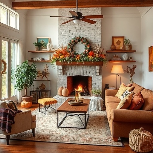living room decorated for fall
