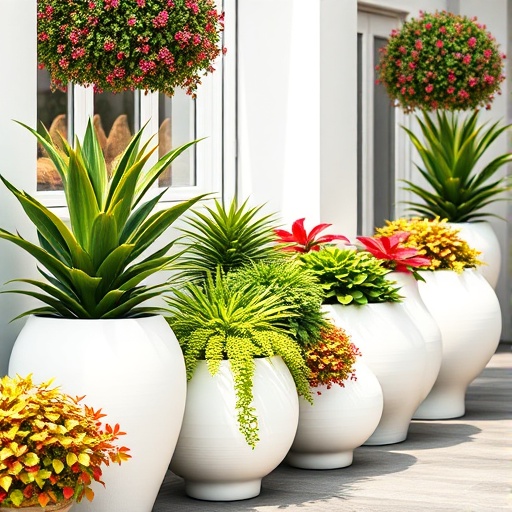 white planters with plants