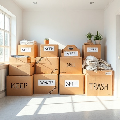boxes for decluttering process in a room