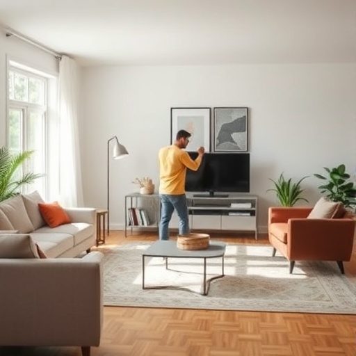 person moving furniture in a living room