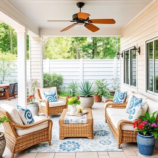 Outdoor patio with beach-inspired furniture
