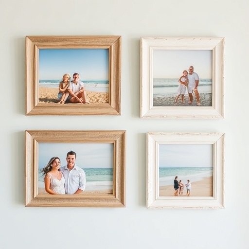 Family photos in beach-themed frames