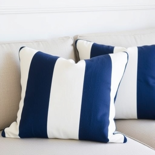 Cushions with navy blue and white stripes
