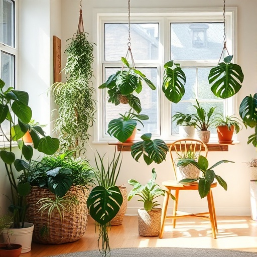 variety of indoor plants in a bright living space