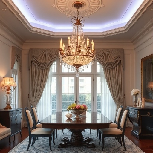 ornate statement chandelier in an elegant dining room