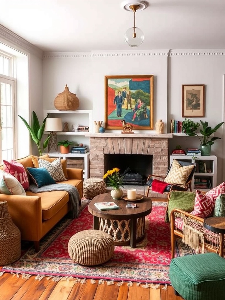 cozy bohemian living room with colorful textiles