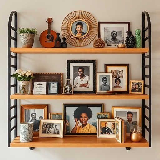 shelf with personal items and family photos