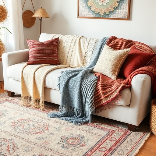 layered textiles on a sofa
