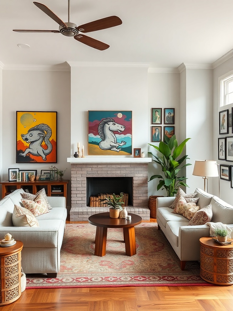 cozy living room with vibrant wall decor