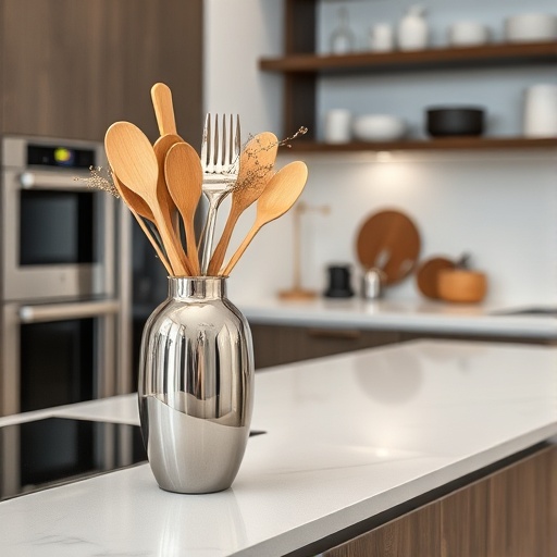 sleek metal vase in kitchen