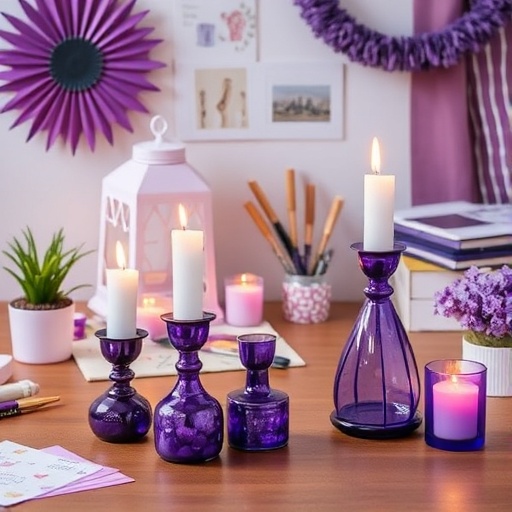 workspace with DIY purple decor