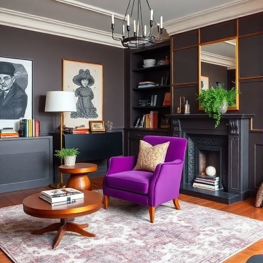 stylish living space with purple furniture