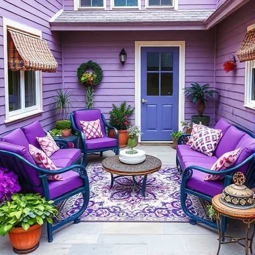 cozy outdoor patio with purple decor