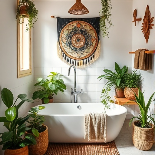 Tranquil bathroom with Afrobohemian decor