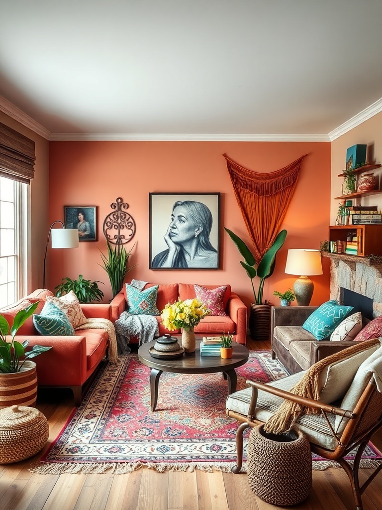 cozy boho living room with colorful decor