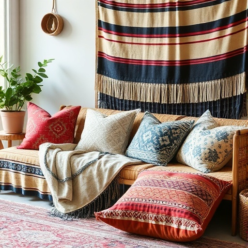 layered cushions and throws in boho decor
