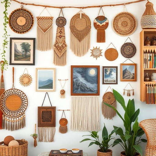 boho gallery wall with art and hangings
