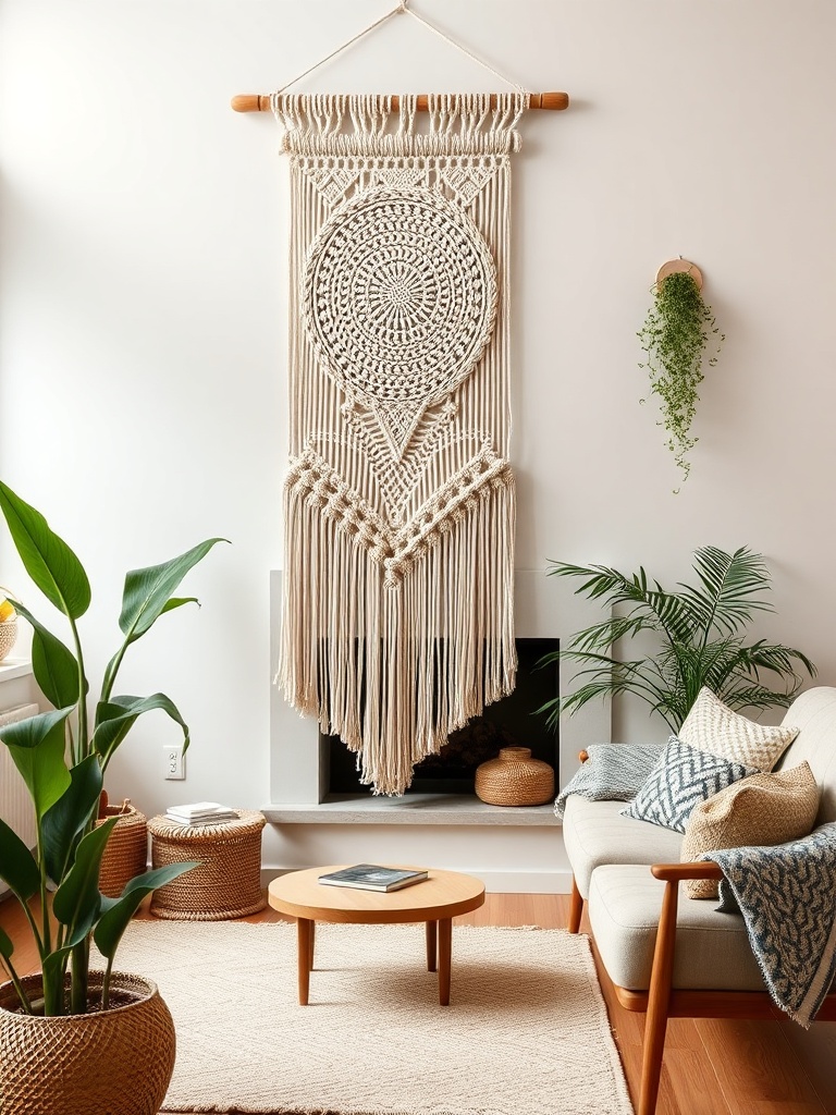 macrame wall hanging in a living room