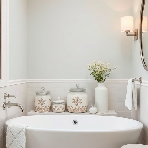 spa-like bathroom with decorative storage jars
