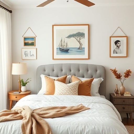 serene bedroom with personalized artwork