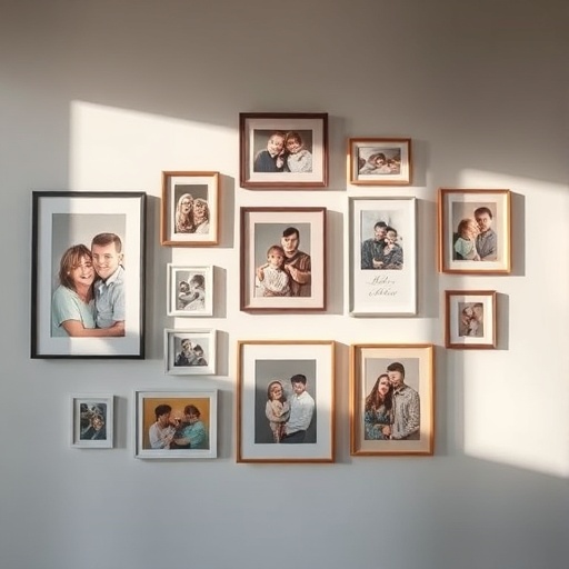 gallery wall with family photos and art