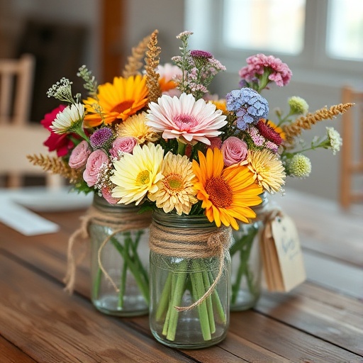 rustic centerpiece with mason jars and flowers