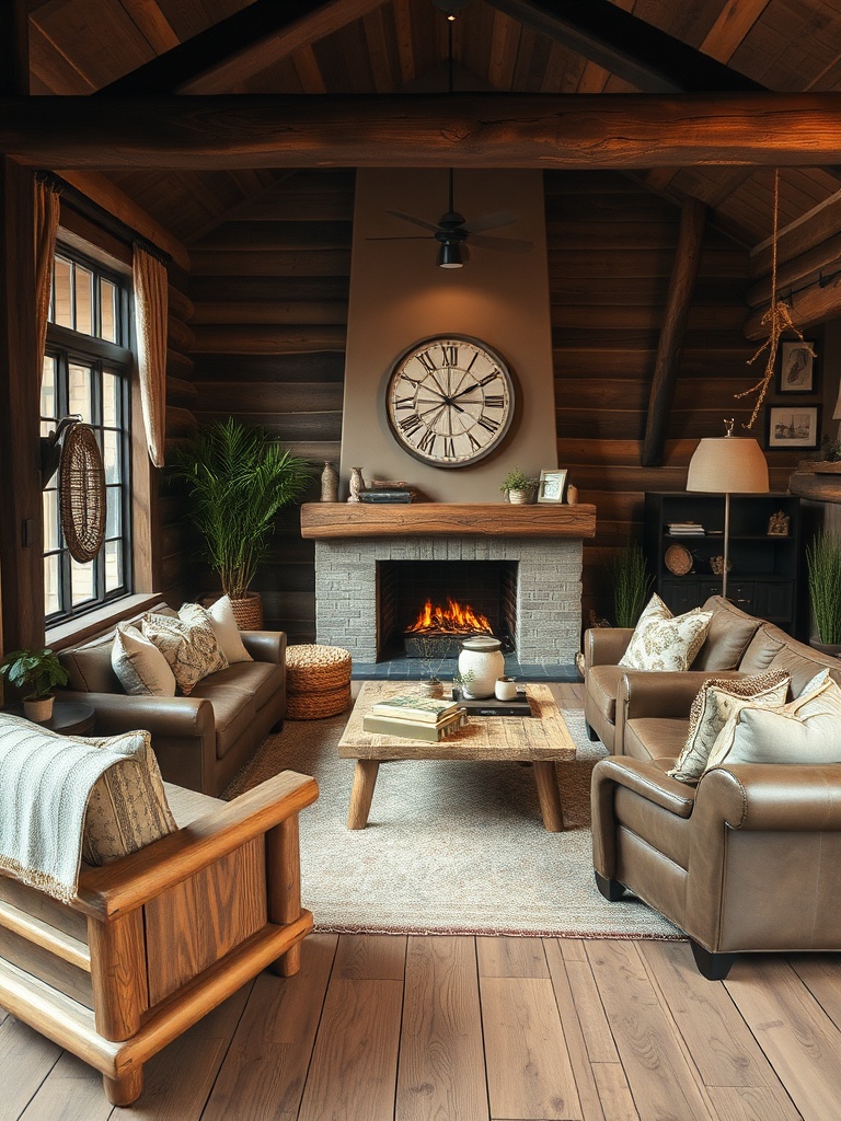 cozy rustic living room with wooden furniture
