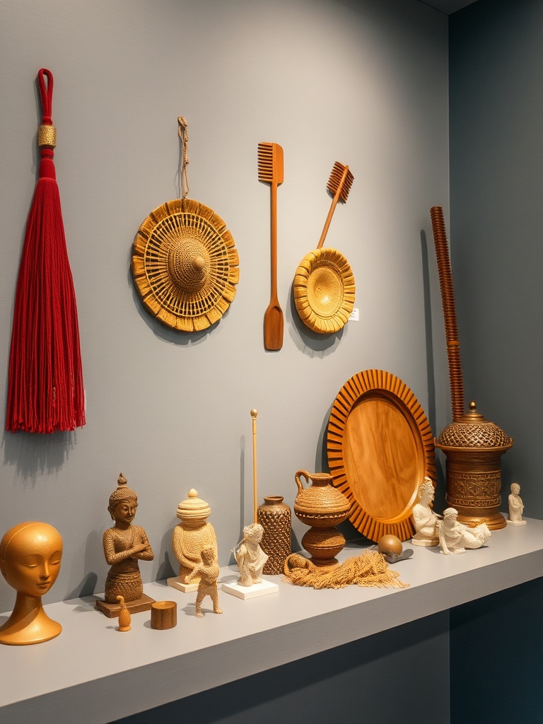 shelf with various cultural artifacts