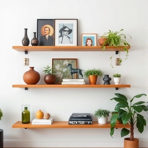 floating shelves with artifacts and plants
