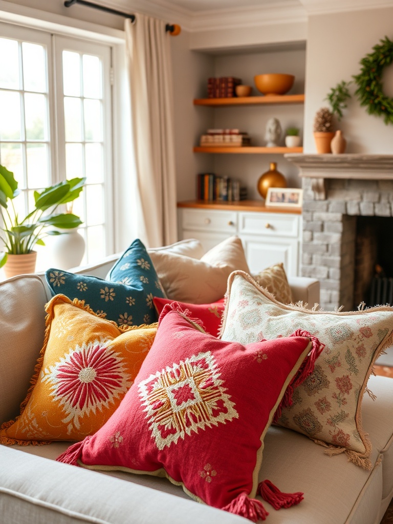 colorful throw pillows on a sofa