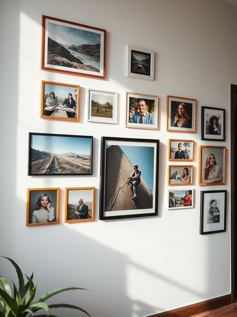 gallery wall with artworks and photos