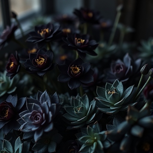 dark flowers and succulents in gothic decor