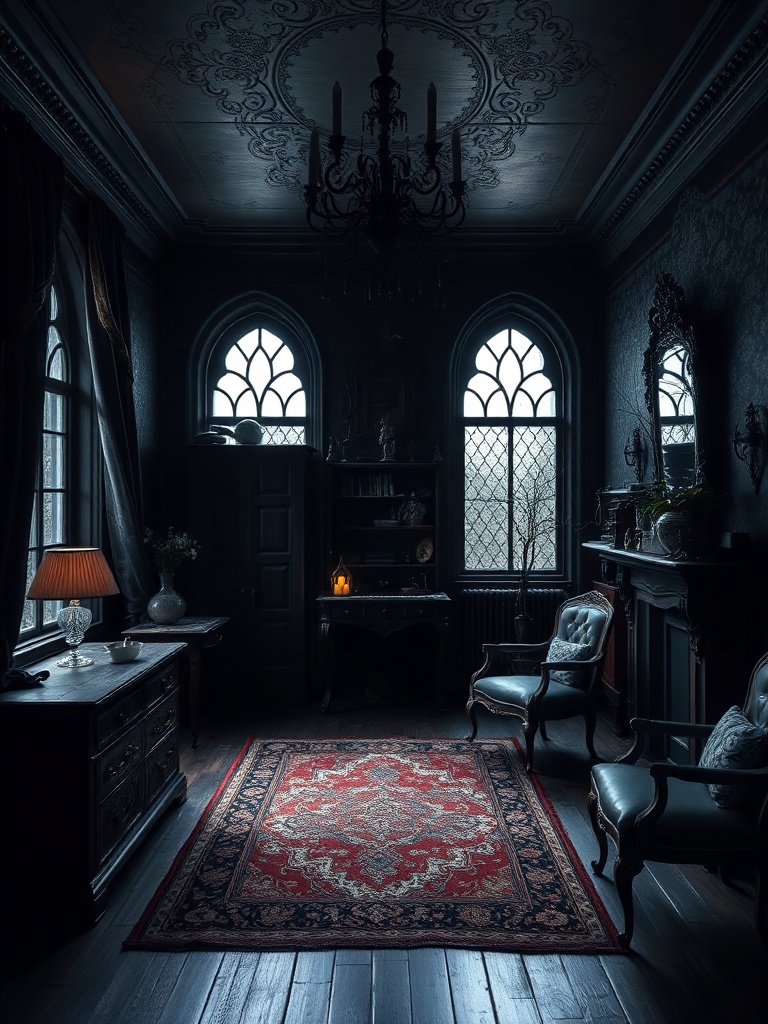 Gothic decor room with dark colors and antique furniture