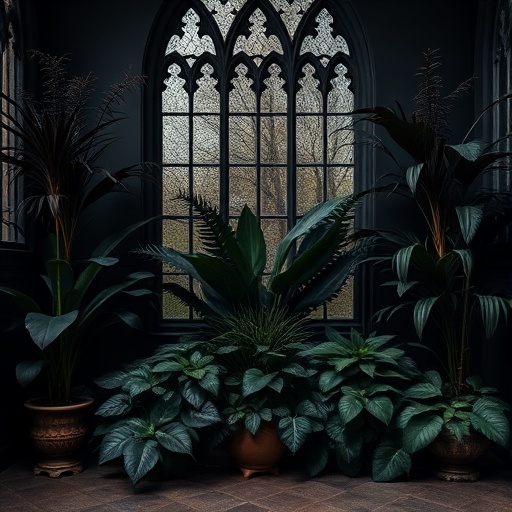Dark foliage plants in a gothic-style room