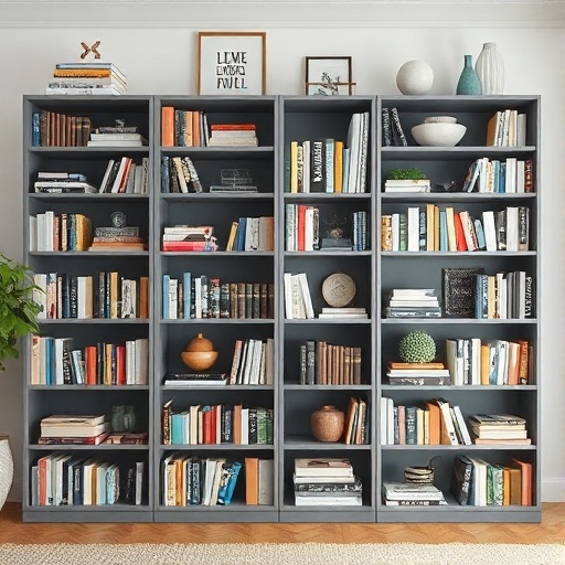 grey bookshelf with books
