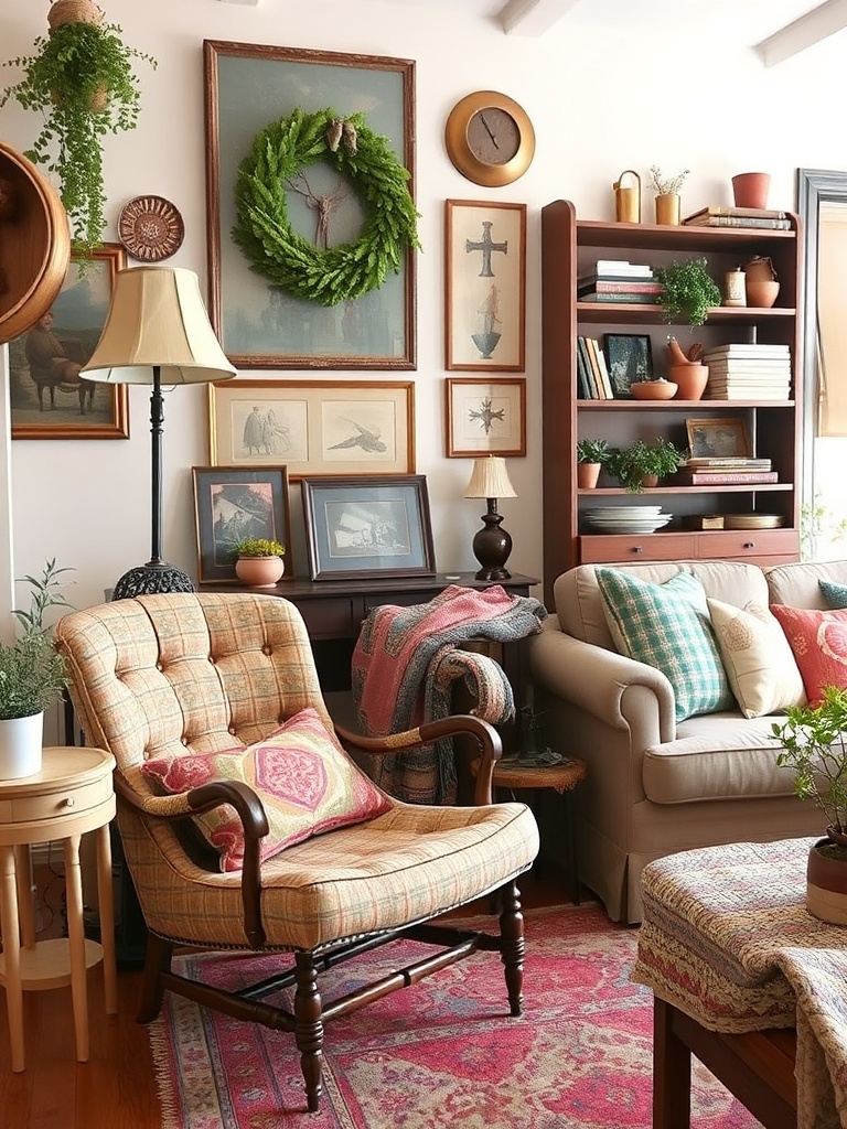 cozy living room with thrifted decor