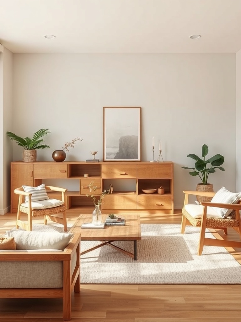 Japandi living room with wood furniture and soft textiles