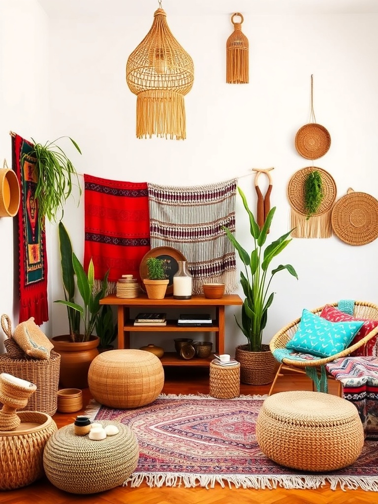 colorful hippie decor with textiles and plants
